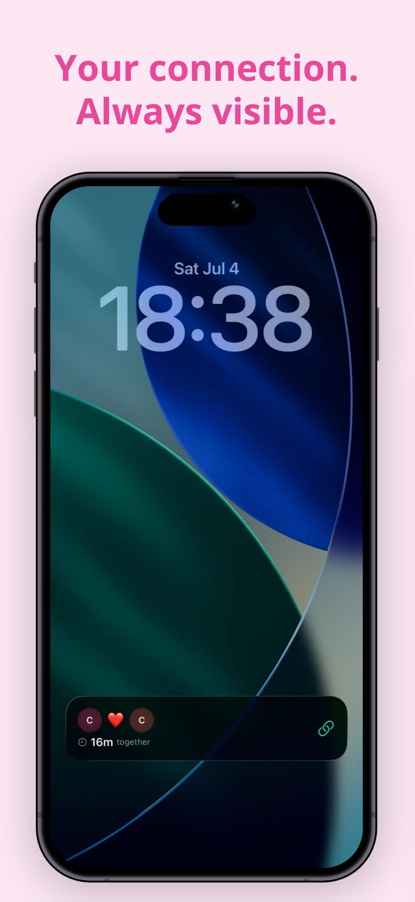 Lock Screen showing Live Activity with letters C and C connected, timer showing 16 minutes together