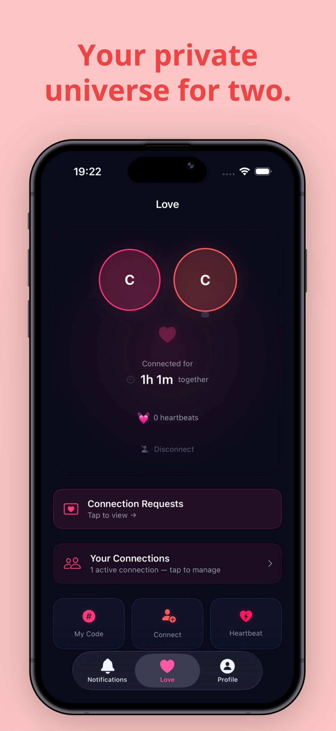 Loveling home dashboard showing connected letters C and C with a heart, timer, and heartbeat count
