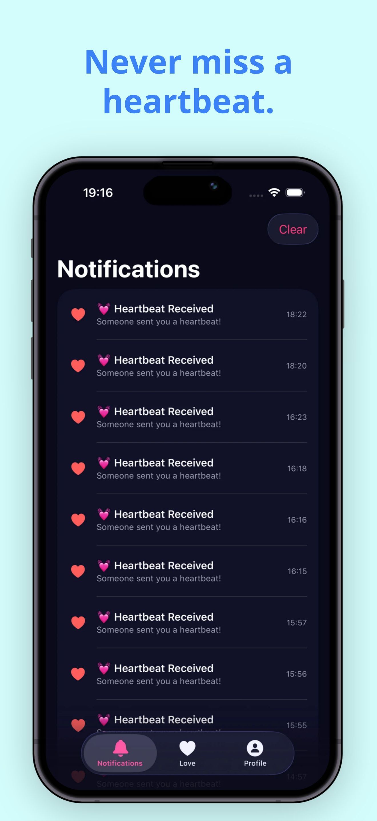 Notifications screen showing received heartbeats list with timestamps